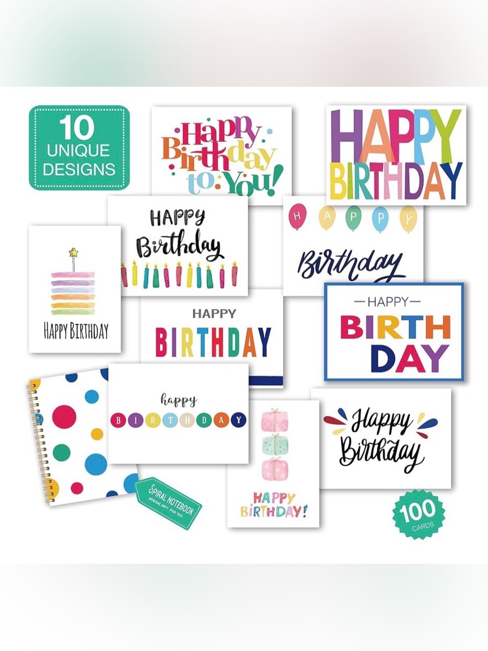 100 Bulk Happy Birthday Card:5x7 Thick Stock,10 Designs w Envelopes + 1~notebook